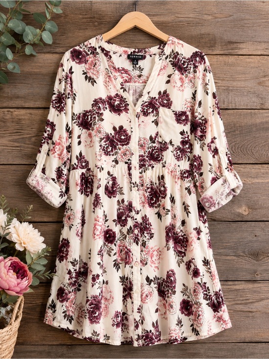 torrid Tops - Torrid Floral Button Front Tunic Mini Dress Size 2 2X Plus Ivory Pink Burgundy